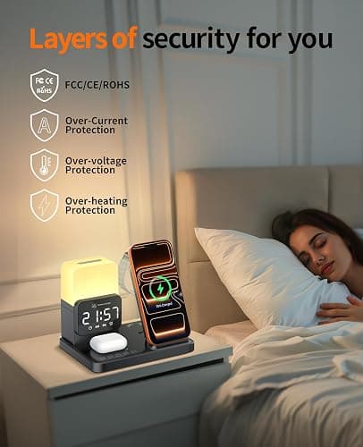 6-in-1 Wireless Charging Station, Charger Stand for Apple Multiple Devices, for iPhone 17 16 15 14 13 12 Pro Max Watch Airpods, Wireless Charger iPhone Charging Station with Night Light/Alarm Clock thumbnail 4