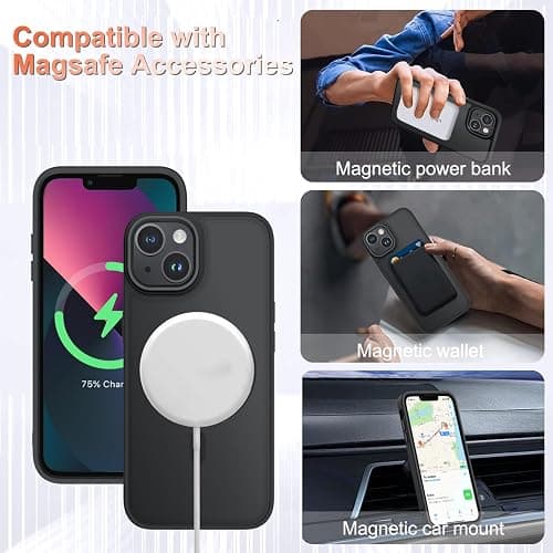 YENAPOON for iPhone 14 Case, iPhone 13 Case, with 1 Screen Protector, Matte Magnetic Slim Phone Cover, Support for Magsafe, Shockproof Protection Translucent Frosted Back,Black thumbnail 3
