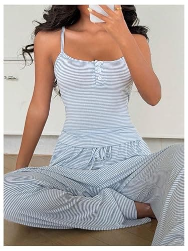 Milumia Women's 2 Piece Pajama Lounge Set Striped Tank and Pants Pj Set | Cute Pjs,Womens Loungewear,Matching Set,Tank Top and Sleep Pants,Casual Suit thumbnail 5