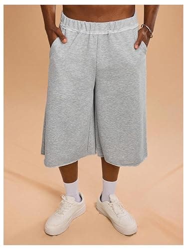 OYOANGLE Men's Capri Sweat Shorts Hip Hop Solid Below Knee Loose Basketball Athletic Shorts with Pockets thumbnail 4