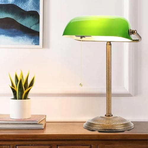NISSAFORS Bankers Desk Lamp, Green Glass Shade, Vintage Desk Lamp with Pull Chain Switch, Retro Table Lamps for Home Office(Retro Gold+Green, Small) - Image 1