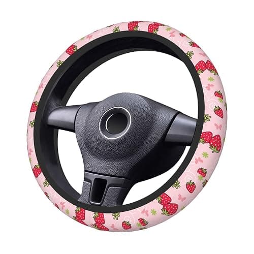 Pink Strawberry Steering Wheel Cover for Women, Universal Auto Steering Wheel 14-15 Inch Car Interior Accessories with 2PCS Car Coasters, Suitable for Men and Women thumbnail 3