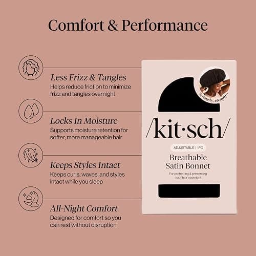 Kitsch XL Satin Bonnet for Sleeping - Softer Than Silk Bonnet For Sleeping Women - Secure Fit, Adjustable, Night Cap For Curly & Textured Hair - Prevents Breakage, Tangles & Thinning - Black thumbnail 3