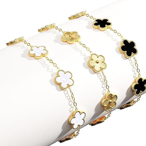 AICase 18K Gold Plated Clover Bracelet Dupes Gold/White/Black Bracelet Set for Women Flower Leaf Lucky Clover Bracelets Trendy Jewelry Birthday Gifts for Women/Mon/Friends thumbnail 8
