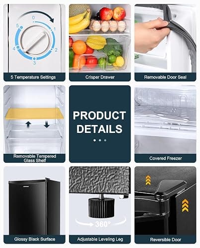 Upstreman 3.2 Cu.Ft Mini Fridge with Freezer, Single Door Mini Fridge, Dorm Fridge, Adjustable Thermostat, Mini Refrigerator for Bedroom, Office, Dorm, Black-BR321 thumbnail 6
