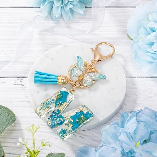 MWOOT Initial Letter Keychain Resin Alphabet Keyrings,Blue Petals Gold Foil Key Ring Charm,Cute Car Key Chain thumbnail 2