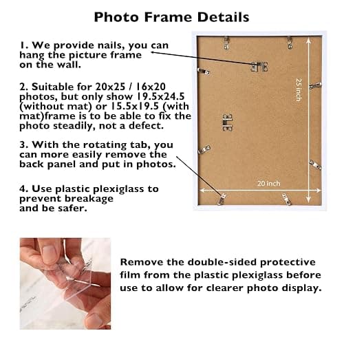 JCJMY 20x25 Picture Frame with 16x20 Mat, Display Photo 16x20 with Mat or 20 x 25 Without Mat, Wall Hanging Large 20 by 25 Poster Frame with Plexiglass, White thumbnail 5