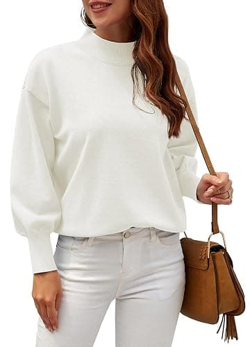 WEACZZY Women's 2025 Fall Fashion Casual Sweaters Mock Neck Long Lantern Sleeve Lightweight Knit Pullover Sweater Tops thumbnail 2