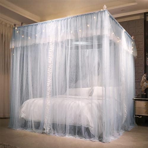 VETHIN 4 Corners Post Ruffle Princess Bed Canopy Curtain-Double Layer Cozy Drape Netting 4 Opening Mosquito Net for Girls Adults Bedroom Decoration (Gray/White,47" W*78" L*82" H/Twin) thumbnail 4