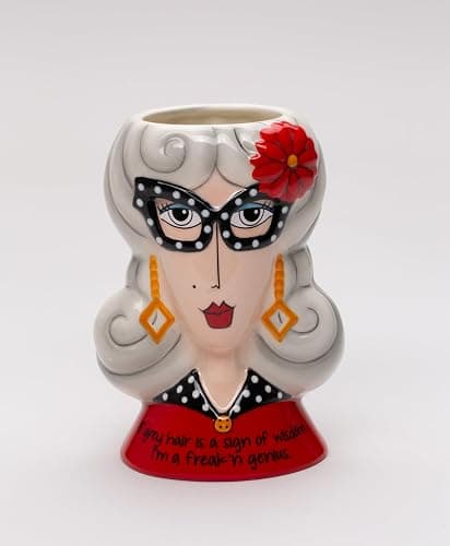 Fine Ceramic Dolly Mama's Fashion Eyeglasses Lady Makeup Brushes Holder Vase, 5-1/2" H - Image 1