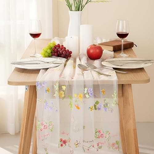Windkream Ivory White Wildflower Table Runner 10ft Embroidery Tulle Floral Spring Table Runner, Seasonal Summer Butterfly Kitchen Dining Decoration for Wedding Baby Bridal Shower Birthday Party thumbnail 2
