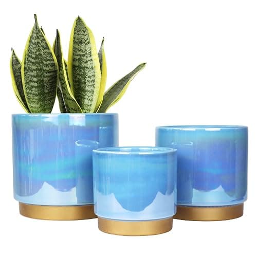 Gepege Ceramic Pots for Plants, Rainbow Pearl Glaze Planter with Drainage Hole, 6.0 inch+5.0 Inch+4.0 Inch. Indoor-Outdoor Large Round Succulent Orchid Flower Pot - 6+5+4inches - Blue - Image 1