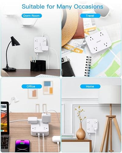 Flat Plug Extension Cord, 4 Widely Power Strip with 4 USB Ports(2 USB C) | HANYCONY 5ft Outlet Extender, Wall Mount, Desk Charging Station for Office School Travel Dorm Room Essentials, ETL Listed thumbnail 7