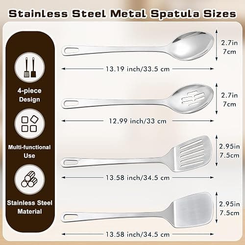 4 Pcs Cooking Utensils Set, Stainless Steel Kitchen Utensils, Heat Resistant Metal Kitchen Tools Include Solid & Slotted Turner Wok Spatula, Serving Spoon, Ergonomic Handle, Easy to Clean, Silver thumbnail 2
