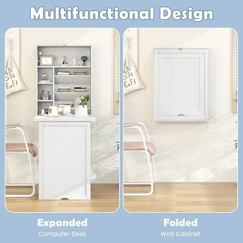 Tangkula Foldable Wall Mounted Desk, Floating Table with Storage Shelves & Hooks, Space-Saving Fold-Up Murphy Desk for Small Spaces, Home Office, Dorm Room thumbnail 6