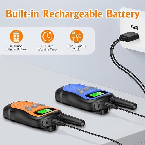 Walkie Talkie Kinder 2er Set, Pakinui Walky Talky mit 1000mAh Aufladbar Akku, Große Reichweite 3km Walki Talki Funkgeräte Set mit VOX Taschenlampe für Freien, Camping, Wandern thumbnail 3