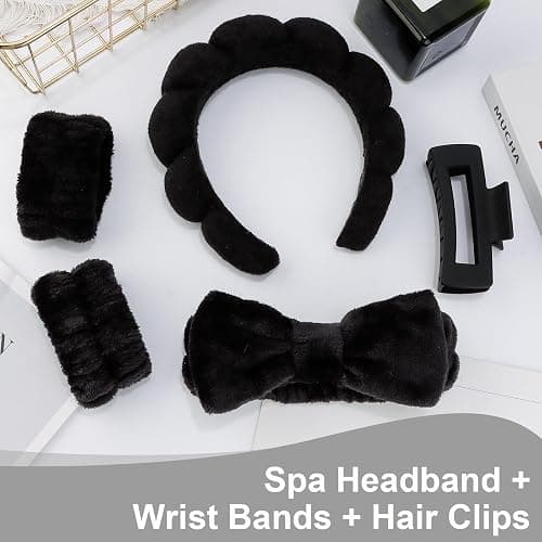 Canitor Sponge Spa Headbands Wristband Set with Hair Clips Skincare for Washing Face Non Slip Puffy Terry Cloth Makeup Headband Face Wash Wrist Bands Cute Trendy Stuff (black) thumbnail 3