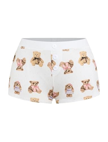 ZAFUL Women Y2K Lounge Shorts Bear Print Skinny Pajama Bottoms Elastic Button Front Sleep Shorts thumbnail 7