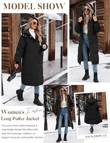Uikue Women's Long Puffer Coat - Warm Winter Quilted Jacket Full Length Zip Up Down Coat Thickened Puffy Parka with Hood thumbnail 2