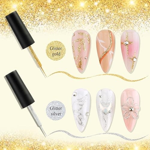 Fcozpjk Gel Liner Art Set 2PCS Sparkle Glitter Silver Gold Gel Polish 8ml Soak Off UV Painting with Built in Thin Nail Brush Swirl Nails Design Dotting Drawing French Manicure Tip Tool thumbnail 2