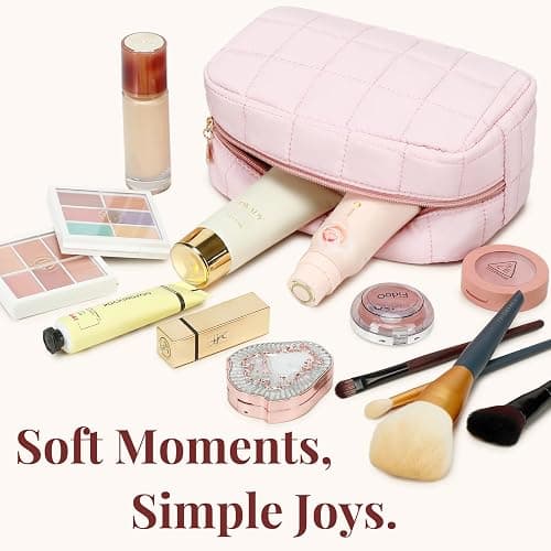 LOVELYWIND Makeup Bag for Women, Travel Cosmetic Bag Organizer with Compartments, Quilted Puffy Toiletry Pouch for Brushes, Essentials and Accessories, Pink thumbnail 5
