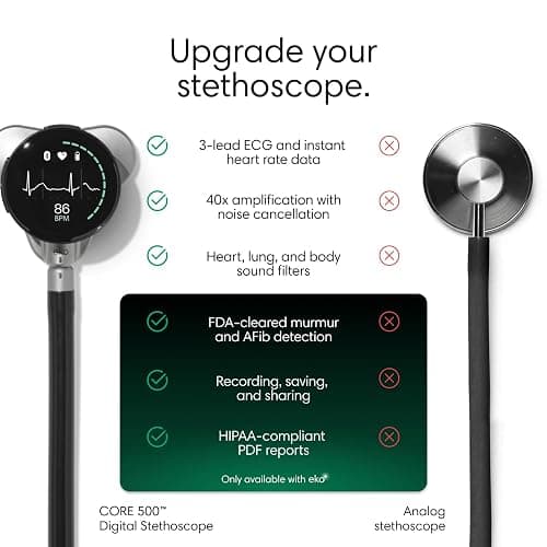 CORE 500™ Digital Stethoscope — 40x Amplification, Active Noise Cancellation, 3-Lead ECG, FDA-Cleared AI with Eko+, Full-Color Display, Reimbursement Eligible — Silver, COR501 thumbnail 3