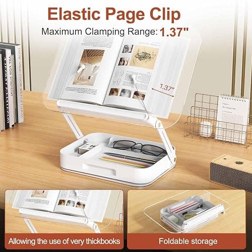 Acrylic Book Stand with Storage, Adjustable Book Holder for Reading with 360° Rotating Bases, Foldable Desktop Riser Stand, Elastic Clips for Cookbook Recipe Magazines Tablets, Laptops (Clear) thumbnail 7