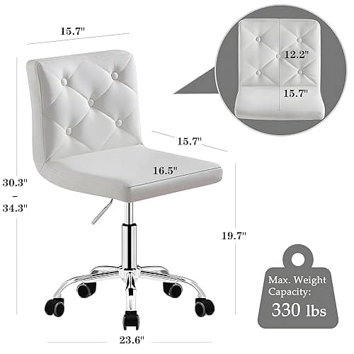 VECELO PU Leather Mid-Back Armless Vanity Chair Adjustable Height 360° Rolling Swivel for Home Office Work, White - White thumbnail 3