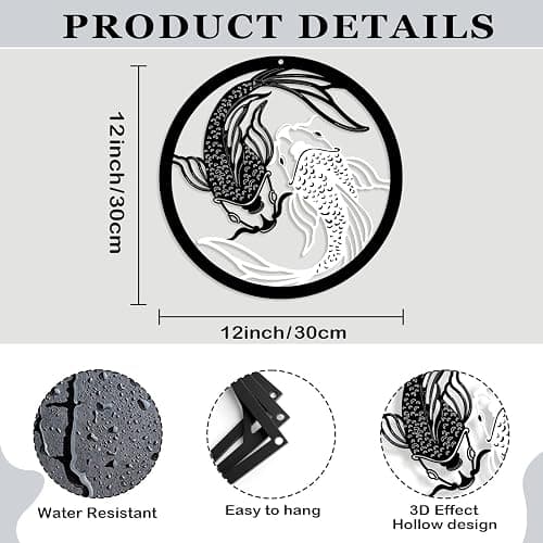 Creoate Black and White Metal Wall Art for Bathroom, Zen Decor Japanese Wall Art Koi Fish Artwork for Home Office Decoration, 11.8 x 11.8 inches - Metal - 11.8L" x 11.8W" thumbnail 2