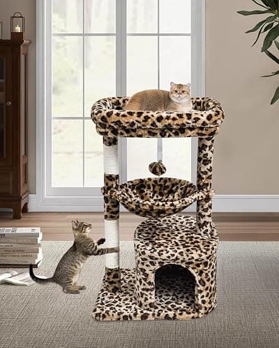 SYANDLVY Small Leopard Print Cat Tree for Indoor Cats, Cat Tower with Scratching Post, Modern Cat House with Padded Perch, Kittens Condo with Cradle, Cat Cave - 29.6" - Leopard Print thumbnail 7