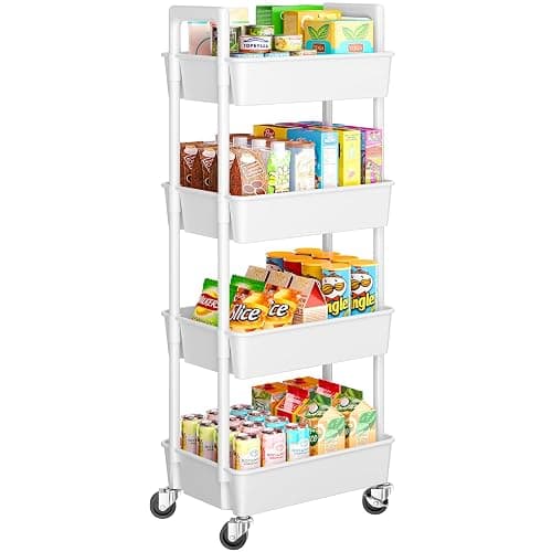 Pipishell 4 Tier Rolling Cart Organizer, Plastic Rolling Cart with Lockable Wheels & Reinforced Handle, Lightweight Utility Storage Cart for Nursery, Kitchen, Craft Room, White - Image 1
