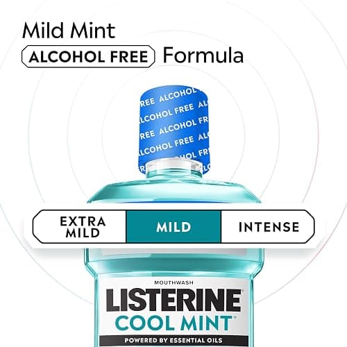 Listerine Cool Mint Alcohol Free Mouthwash, Mild Mint, 33.8 fl. oz/1 L | Kills 99.9% of Germs That Cause Bad Breath, Less Intense Taste with No Burn, Dentist Recommended Oral Rinse thumbnail 5