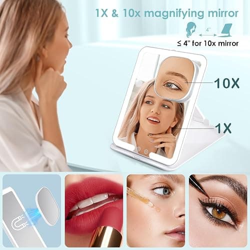 7.8" x 6.1" Rechargeable Travel Makeup Mirror with Lights and Small 10X Magnification, Foldable Stand with Adjustable Height & Angle, 3 Light Colors LED Lighted Vanity Mirror (White) thumbnail 5