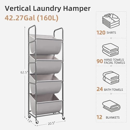STORAGE MANIAC Vertical Rolling Laundry Hamper, 4 Section Laundry Sorter with Wheels and 2 Breaks, 4-tier Laundry Baskets for Small Space, Dorm, Laundry Room, Closet, Bathroom, Gray 4-tier thumbnail 3