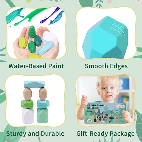 YHHYTOY 40 PCS Wooden Stacking Rocks Building Blocks Forest Theme, Sensory Learning Montessori Toys for 3 4 5 Year Old Kids, Preschool Educational STEM Toys Toddler Games Birthday Gifts for Girls Boys thumbnail 3