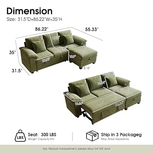 86" Modular Sectional Sleeper Sofa Bed, L Shaped 4 Seat Pull Out Couch with Storage Ottoman, Convertible Cloud Couch Bed, Sectional Couches for Living Room, Apartment (Green) thumbnail 2