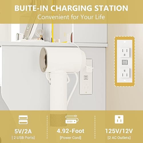 Vanity Desk with LED Lights Mirror & Power Outlet, Small Makeup Vanity Table Set with Storage Drawers & Chair, 3 Lighting Modes & Adjustable Brightness, Dressing Table for Women Girls Bedroom, White thumbnail 7