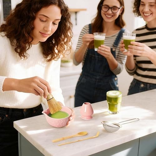 Matcha Whisk Tea Set Kit: Japanese Matcha Kit - Ceramic Bowl Bamboo Whisk Chasen Holder spoon Measuring Scoop Sifter - Traditional Practical for Tea Ceremony Breakfast Lattes - Home Kitchen Christmas thumbnail 2
