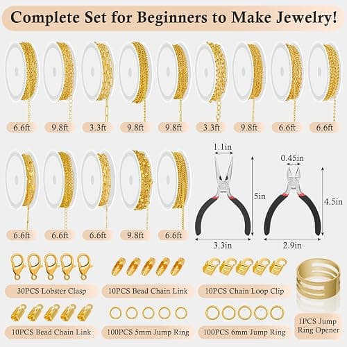 ROADPLUM 14 Roll Gold Chains for Jewelry Making - 102Ft Chains (Copper & Stainless Steel) with 2 Jewelry Pliers, 260+ Lobster Clasps, Jump Rings & Connectors - Complete DIY Chain Supplies for Crafter thumbnail 3