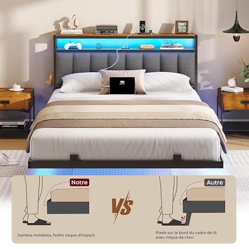 AOGLLATI Cadre de Lit 140x190 avec Multiprise et Éclairage LED, Lit 2 Personnes Flottant avec Tête de Lit Rangement, Sommier en Métal, Structure Stable, Lin Gris Foncé(sans Matelas) thumbnail 6