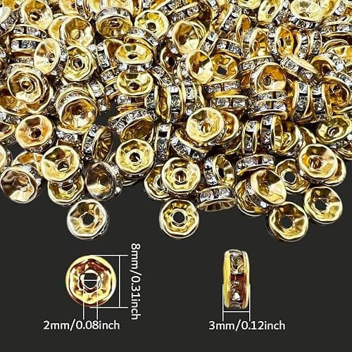MIIIM 600pcs Gold Rondelle Spacer Beads, 8mm White Diamond Rhinestone Focal Beads for Jewelry Making, Golden Charms for Bracelets thumbnail 3