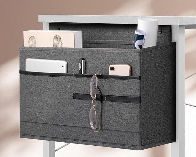 KKL Small Desk with Power Outlets and USB Port Computer Desk for Home Office Gaming Simple Modern Style Writing Desks with Storage Bag Headphone Hook, 40 inch, White - White - 40 inch thumbnail 5