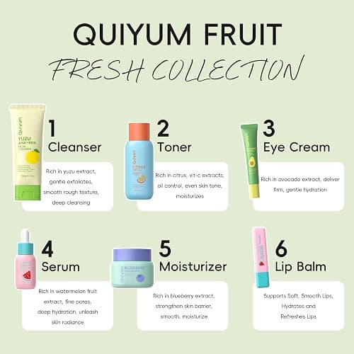 QUIYUM Fruit Skin Care Sets for Teen Girls, 6 Daily Routine Skincare Gift | Facial Cleanser, Toner, Eye Cream, Moisturizer, Serum, Lip Balm, Birthday, Christmas Gift, Stocking Stuffers thumbnail 3
