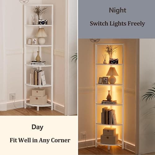 Furnulem 6 Tier Corner Shelf with LED Light, 67.5” Tall Standing Shelf Organizer, White Narrow Bookshelf with Storage Rack for Wall Corner, Living Room, Bedroom, Metal Frame, Wood Display Shelf thumbnail 6