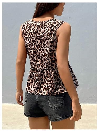 GORGLITTER Women's Cheetah Print Top Sleeveless Bow Tie Front Peplum Babydoll Vest Tops Going Out Blouse Shirt thumbnail 2