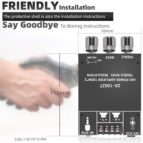 100W+100W Amplifier Board with Treble and Bass Control, DC 9-24V, BT and AUX Inputs, 2.0 Channel Stereo AMP Board for DIY Wireless Speakers, Password Free (ZK-1002T) thumbnail 5