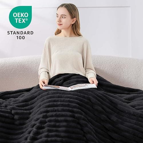 BEDELITE Fleece Throw Blanket for Couch - 300GSM Soft & Warm Fluffy Black Blanket, Decorative and Giftable Striped Blankets for Women, Men, 50"x70" thumbnail 3