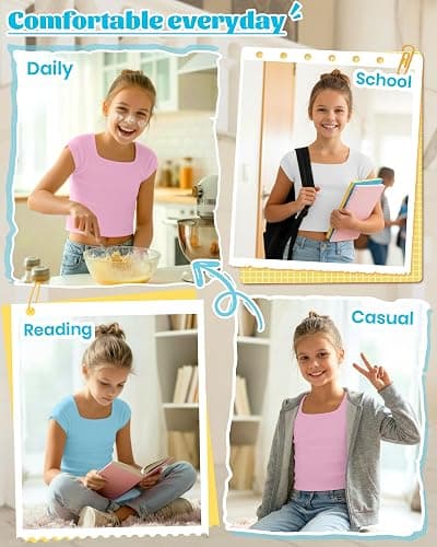 LessonZoo 3 Pack Girls' Short Sleeve Crop Tops | Cap Short Sleeve, Square Neck, Slim Fit, Cropped Tees, Basic Layerings, Cute, Casual, Back to School, Trendy, Vacation thumbnail 6