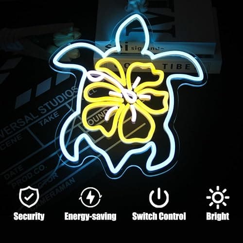 Sea Turtle Hibiscus Neon Signs for Wall Decor Blue Turtle Neon Light Yellow Flower LED Neon Wall Sign Ocean Neon Light Up Sign for Bedroom Living Room Office Decor Sea Turtle Gifts - Blue Yellow White thumbnail 2