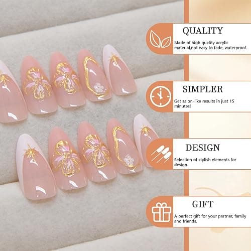 GlamRays Lot de 24 faux ongles à presser en forme d'amande française, moyens, avec motifs floraux 3D, automne nude, faux ongles, pointes scintillantes thumbnail 4
